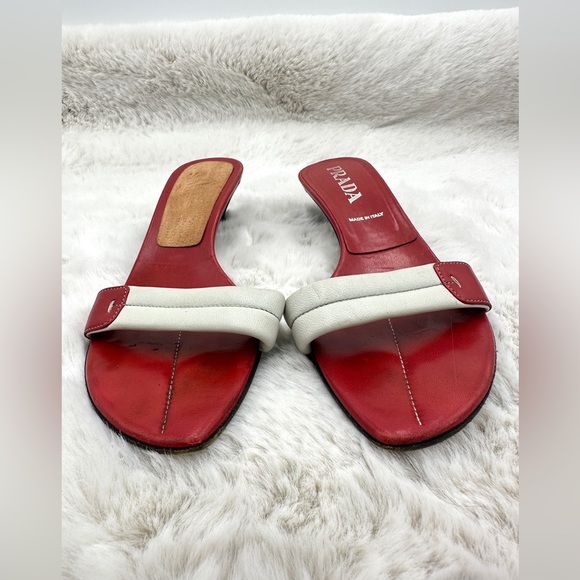 Vintage Prada Kitten Heels Mules Y2K size 39.5 9.5 red white leather‎ - Picture 4 of 10